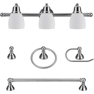 Globe Electric 63000104 3-Piece Bath Accessories, Satin Nickel Finish, 15″ 2-Light Vanity Light, Alabaster Glass Shades, Toilet Paper Holder, Towel Ring, Bathroom Décor, Home Essentials(Nickel)