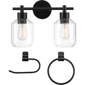 Globe Electric 63000104 3-Piece Bath Accessories, Satin Nickel Finish, 15″ 2-Light Vanity Light, Alabaster Glass Shades, Toilet Paper Holder, Towel Ring, Bathroom Décor, Home Essentials(Matte Black (3-Piece))