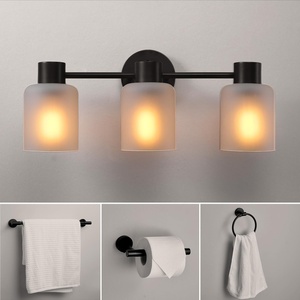 Globe Electric 63000104 3-Piece Bath Accessories, Satin Nickel Finish, 15″ 2-Light Vanity Light, Alabaster Glass Shades, Toilet Paper Holder, Towel Ring, Bathroom Décor, Home Essentials(Matte Black  Frosted Glass Shades)