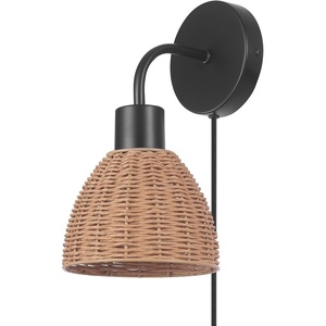 Globe Electric 65925 2-Light Plug-in or Hardwire Wall Sconce, Matte White Fabric Shade with Natural Rattan Accent, 6ft Braided Cord, in-Line Rocker Switch, Modern Lighting for Apartments or Renters(Briar (Black))