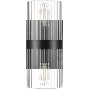 Globe Electric 91005858 Halley 2 Light 11″ Tall Wall Sconce with Ribbed Glass Shades – Matte Black