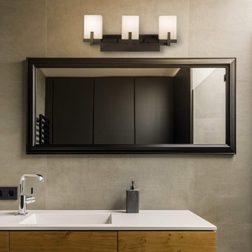 image:imageGLOBE Electric 51246 Helena 3Light Vanity Light Dark Bronze Square OffWhite Frosted Glass Shades