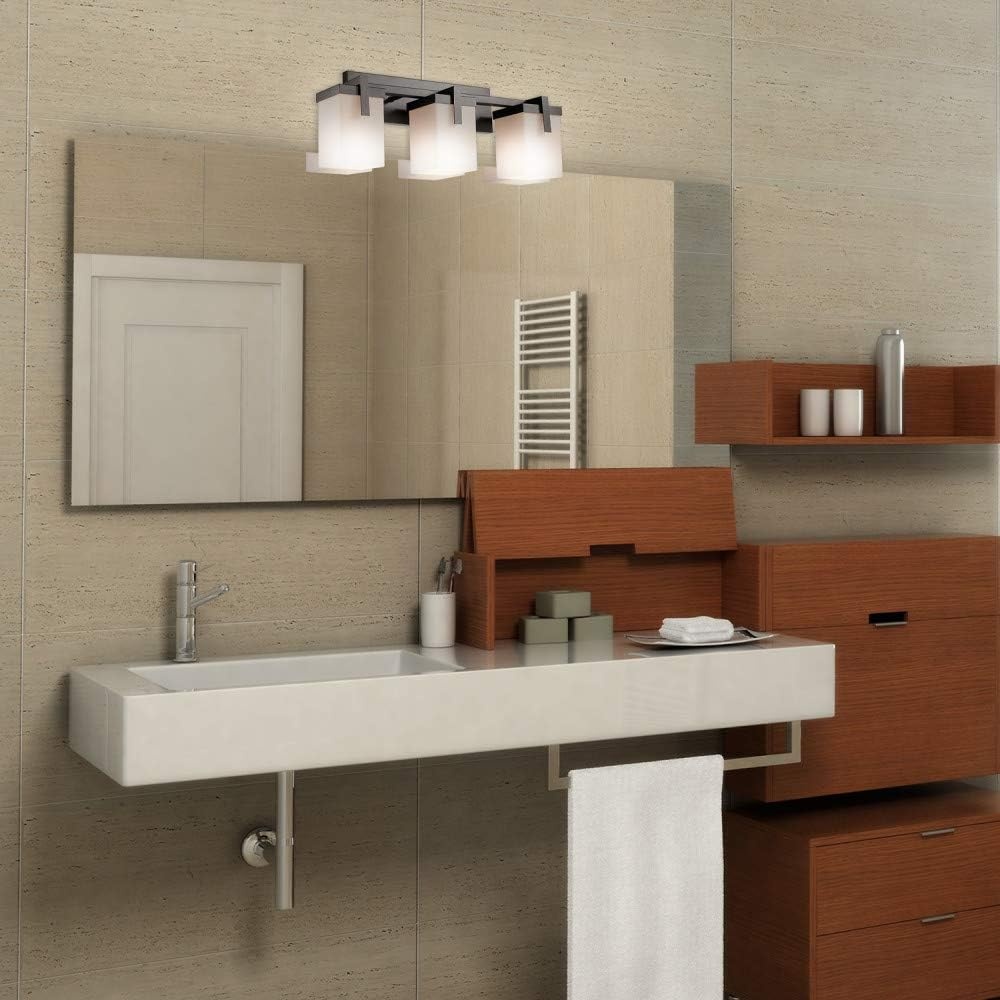 image:imageGLOBE Electric 51246 Helena 3Light Vanity Light Dark Bronze Square OffWhite Frosted Glass Shades