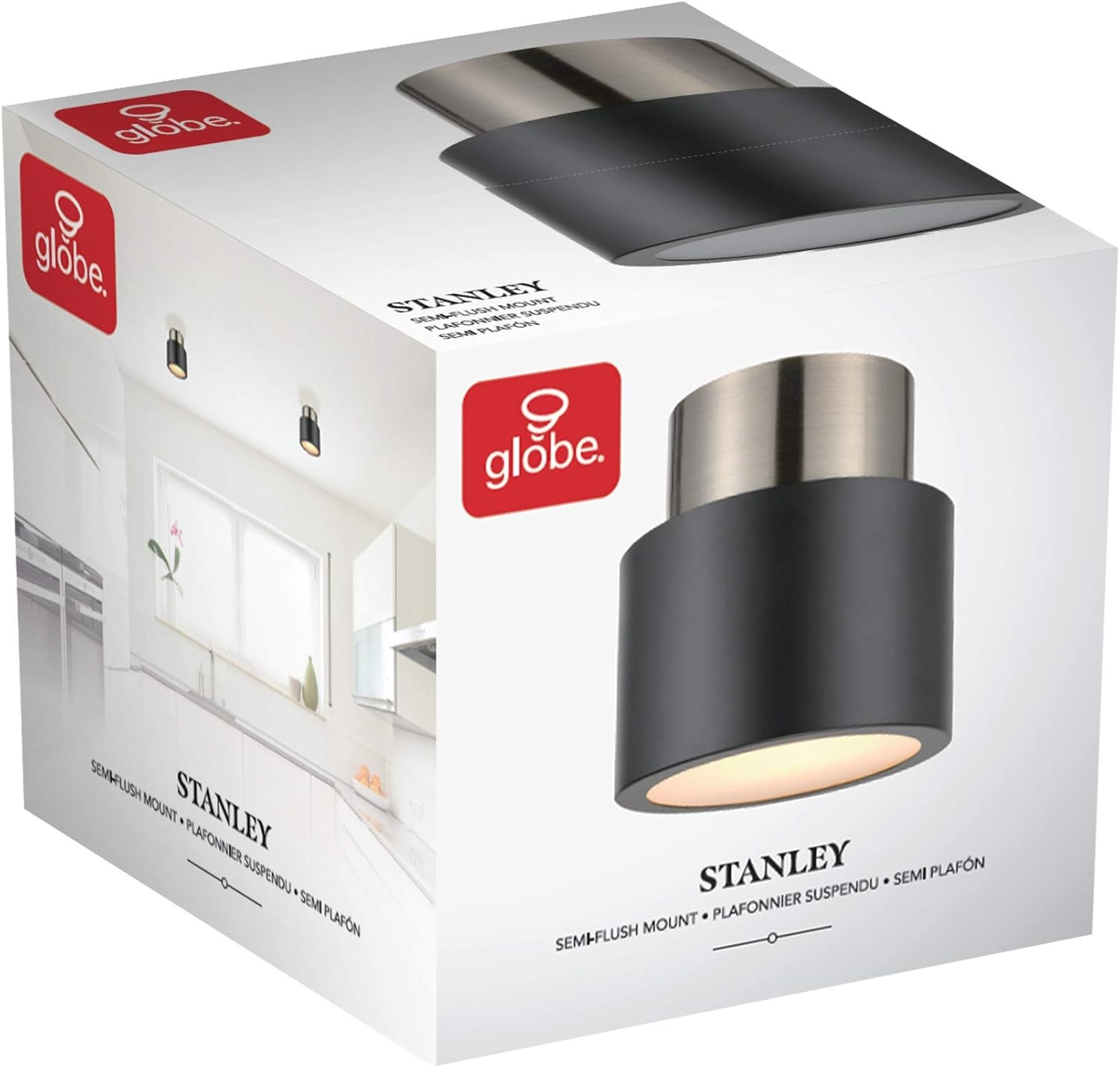 image:imageGLOBE Electric 61106 Stanley 1Light SemiFlush Mount Ceiling Light Matte Black Antique Brass Accents Bulb Not IncludedStanley