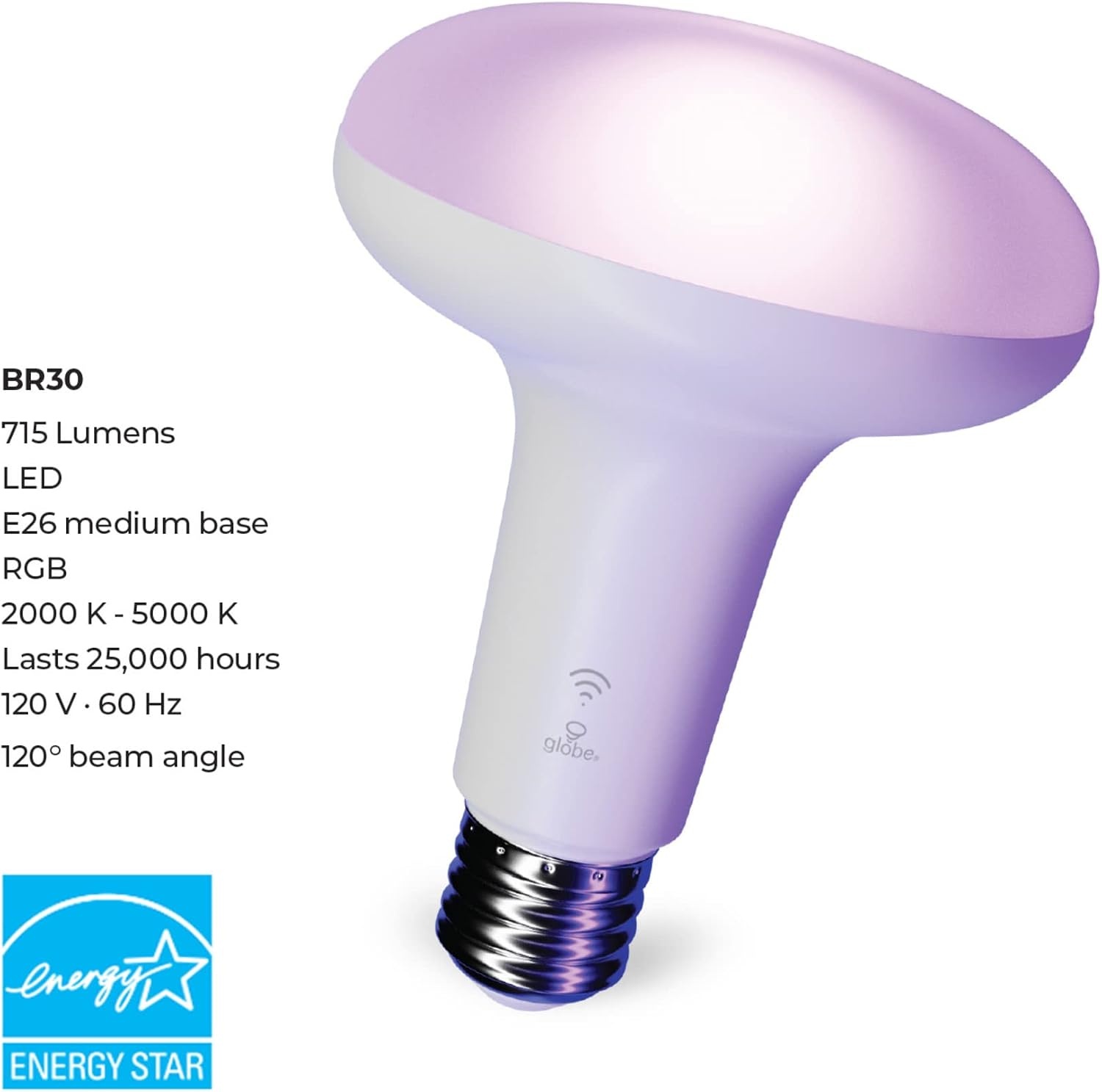 image:imageGlobe Electric 50594 Works with Alexa Only WiFi Smart Multicolor Changing RGB Tunable White Frosted LED Light Bulb Voice Activated 2000K 5000K BR30 Shape E26 Base 85W Energy Star