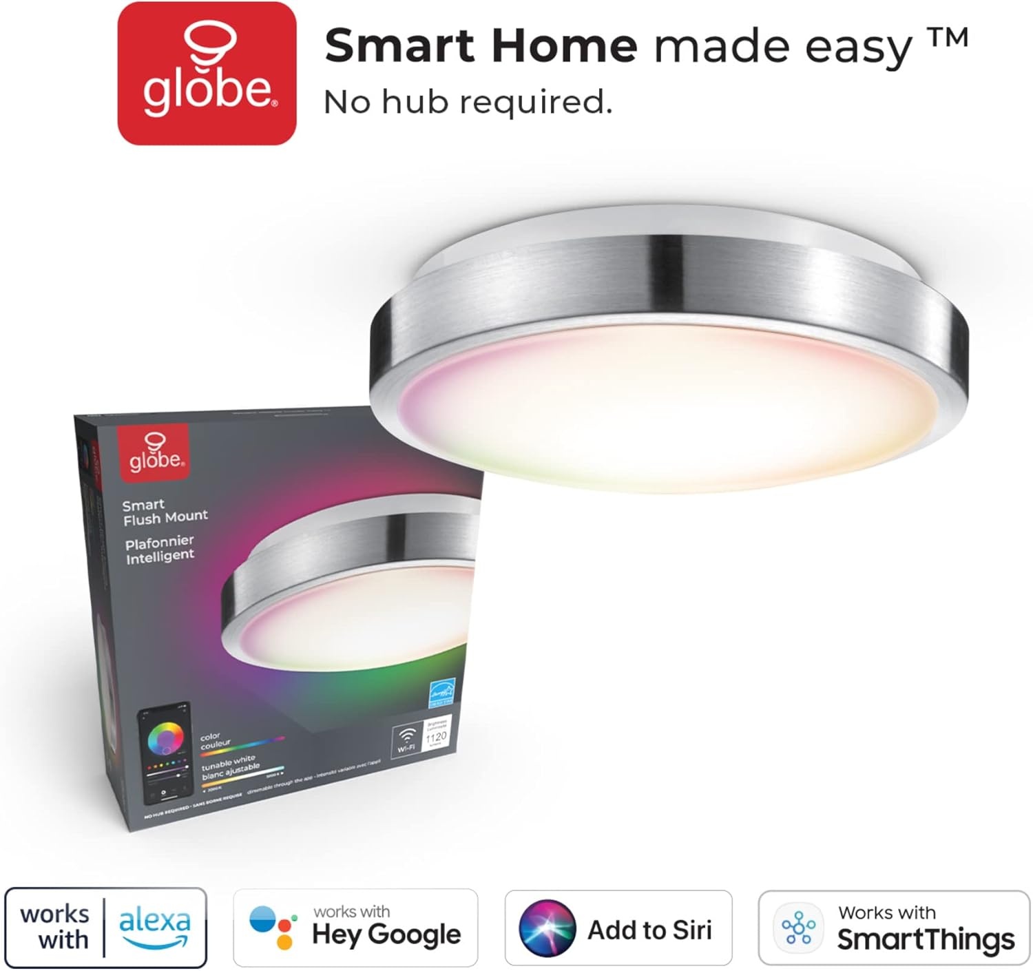 image:imageGlobe Electric 57503 WiFi Smart 4Light 28W LED Track Lighting Matte Black No Hub Required Voice Activated Multicolor Changing RGB Tunable White 2000K 5000K 1600 Lumen 50000 Hours 80 CRIBrushed Nickel