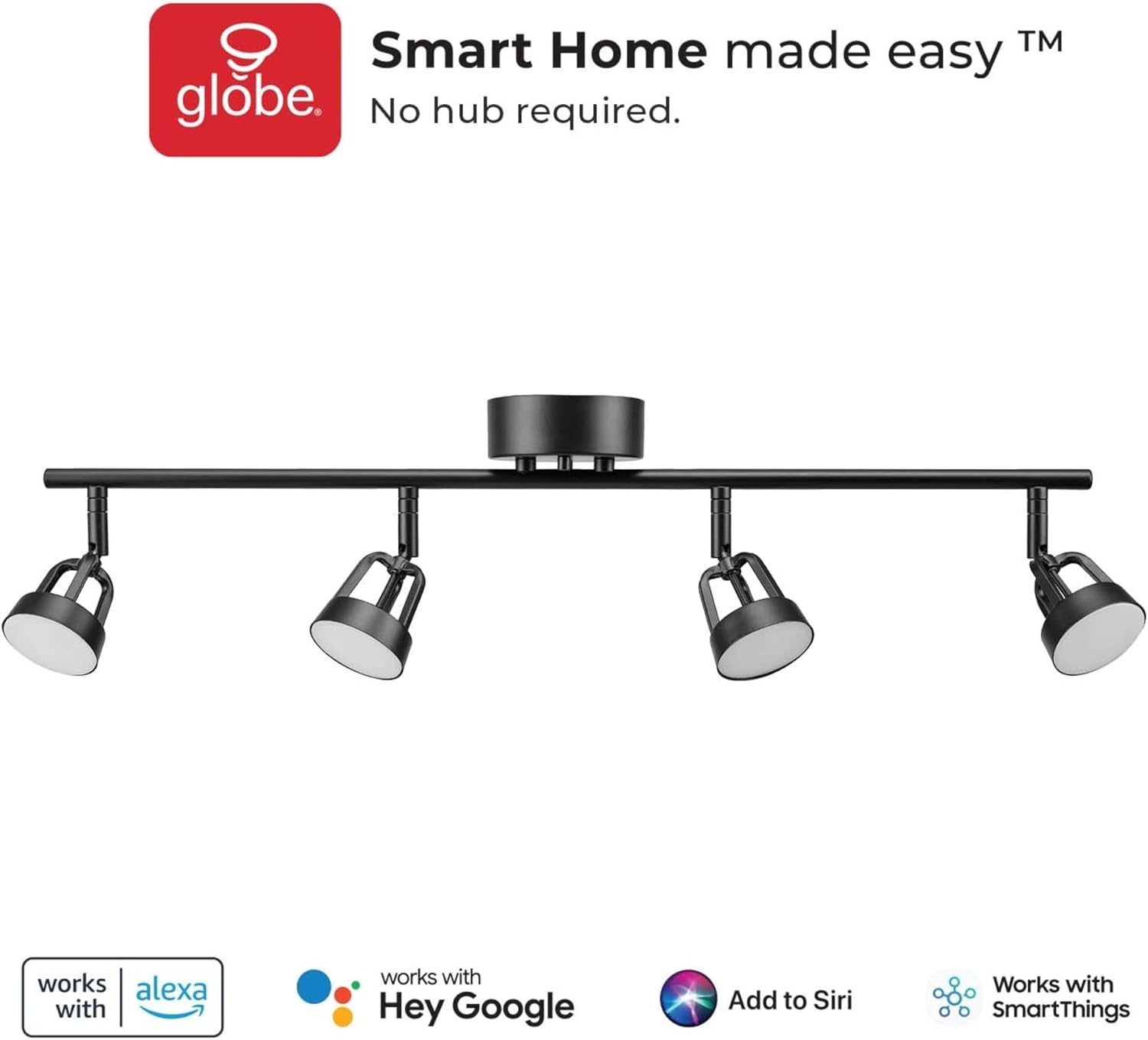 image:imageGlobe Electric 57503 WiFi Smart 4Light 28W LED Track Lighting Matte Black No Hub Required Voice Activated Multicolor Changing RGB Tunable White 2000K 5000K 1600 Lumen 50000 Hours 80 CRIMatte Black