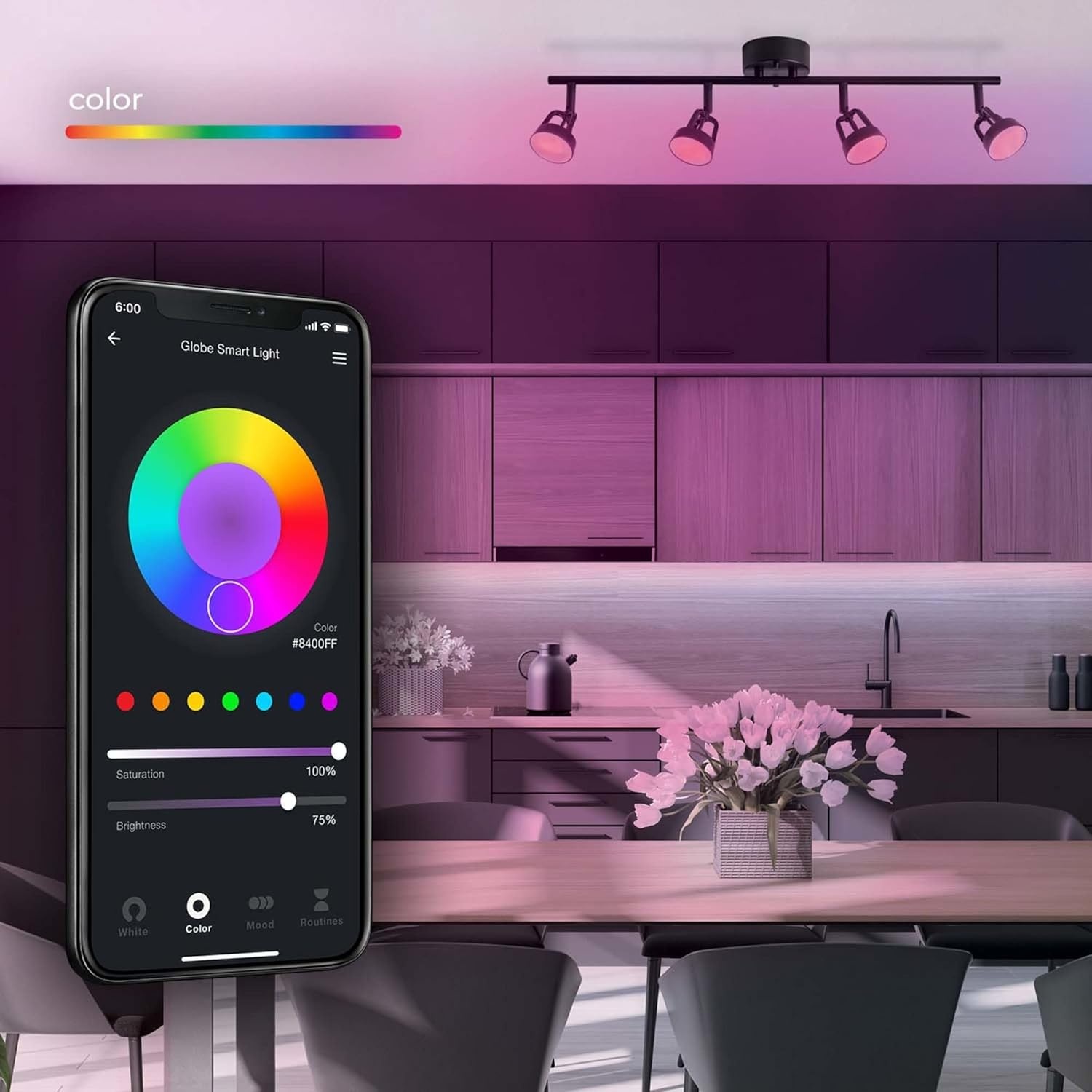 image:imageGlobe Electric 57503 WiFi Smart 4Light 28W LED Track Lighting Matte Black No Hub Required Voice Activated Multicolor Changing RGB Tunable White 2000K 5000K 1600 Lumen 50000 Hours 80 CRIMatte Black