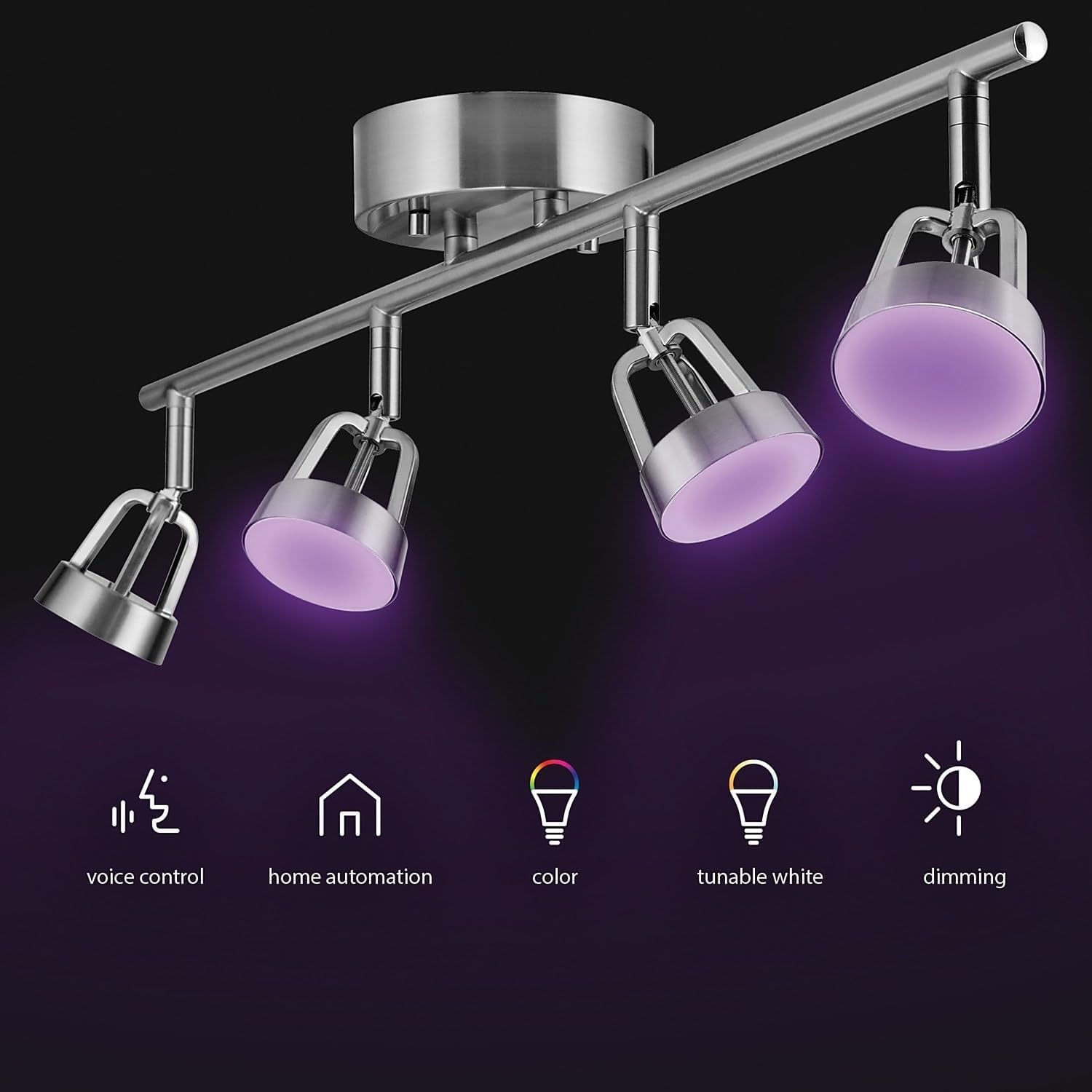 image:imageGlobe Electric 59429 WiFi Smart 4Light LED Track Lighting Brushed Nickel No Hub Required Voice Activated 28 W Multicolor Changing RGB Tunable White 2000K 5000K 1600 Lumens 80 CRI