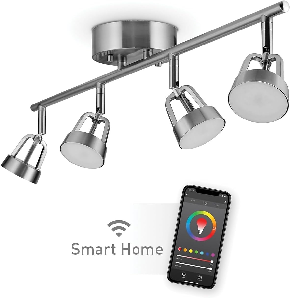 image:imageGlobe Electric 59429 WiFi Smart 4Light LED Track Lighting Brushed Nickel No Hub Required Voice Activated 28 W Multicolor Changing RGB Tunable White 2000K 5000K 1600 Lumens 80 CRI