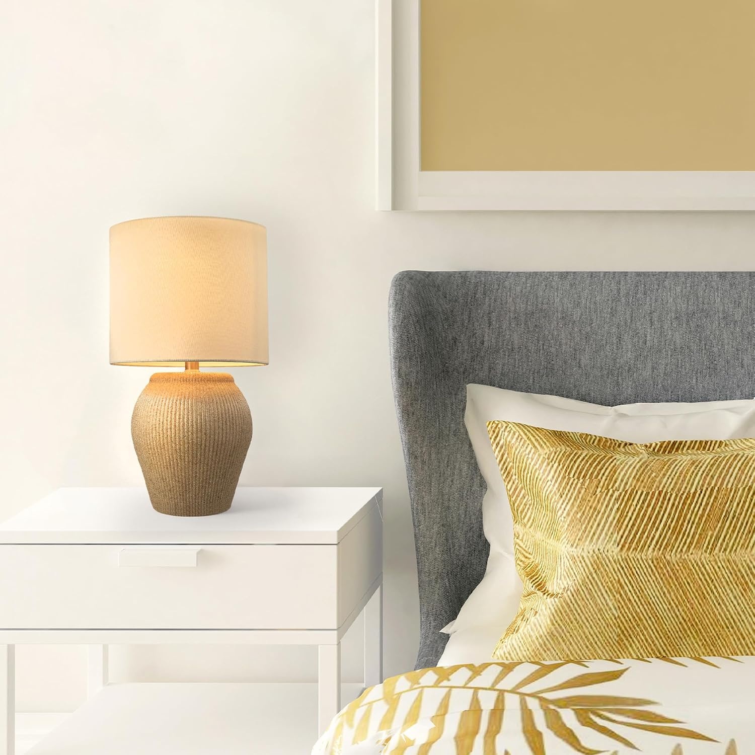 image:imageGlobe Electric 61000049 18 Ceramic Table Lamp Soft Beige Finish Textured Base White Linen Shade OnOff Rotary Switch on Socket Modern Light for Living Room Bedroom or Kitchen