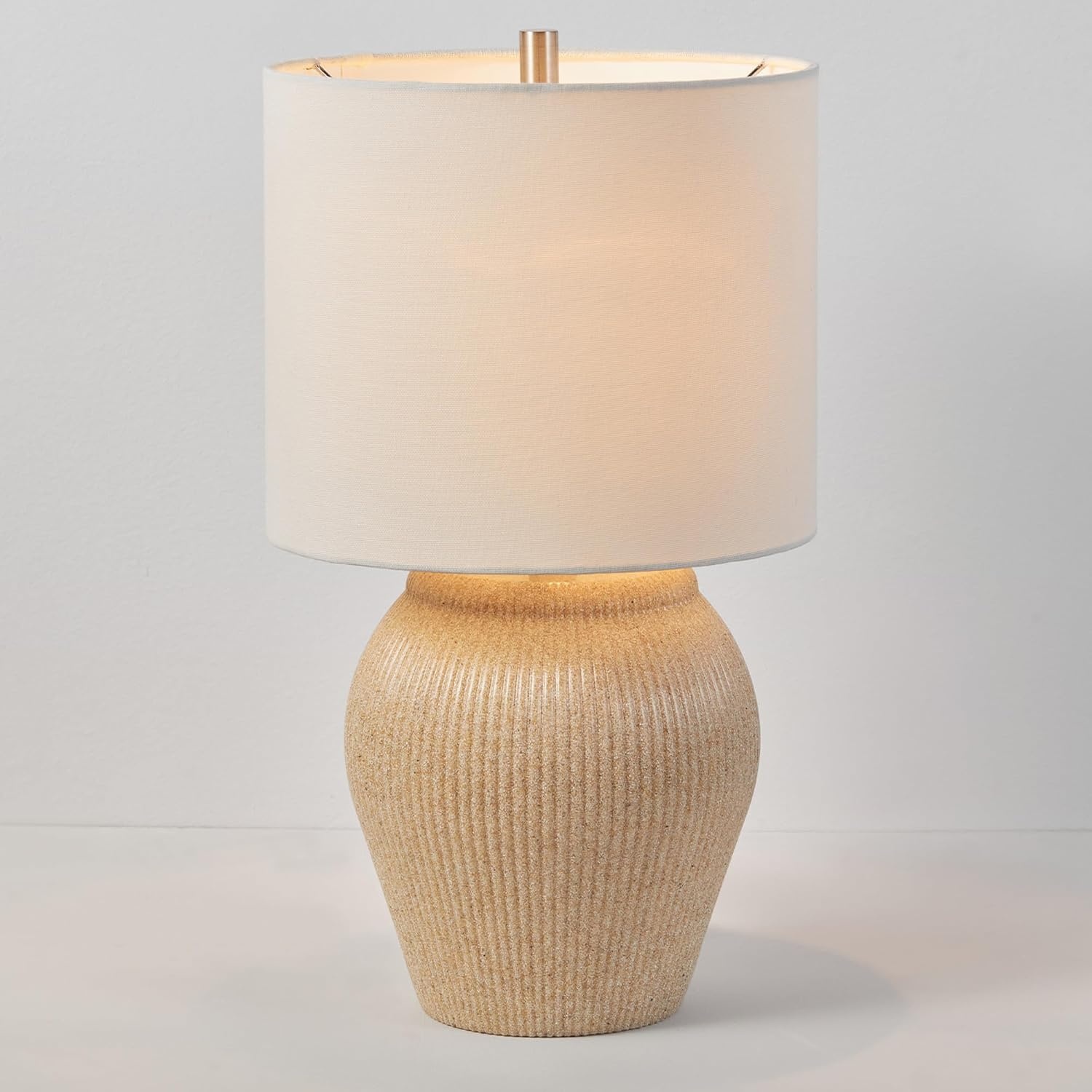 image:imageGlobe Electric 61000049 18 Ceramic Table Lamp Soft Beige Finish Textured Base White Linen Shade OnOff Rotary Switch on Socket Modern Light for Living Room Bedroom or Kitchen