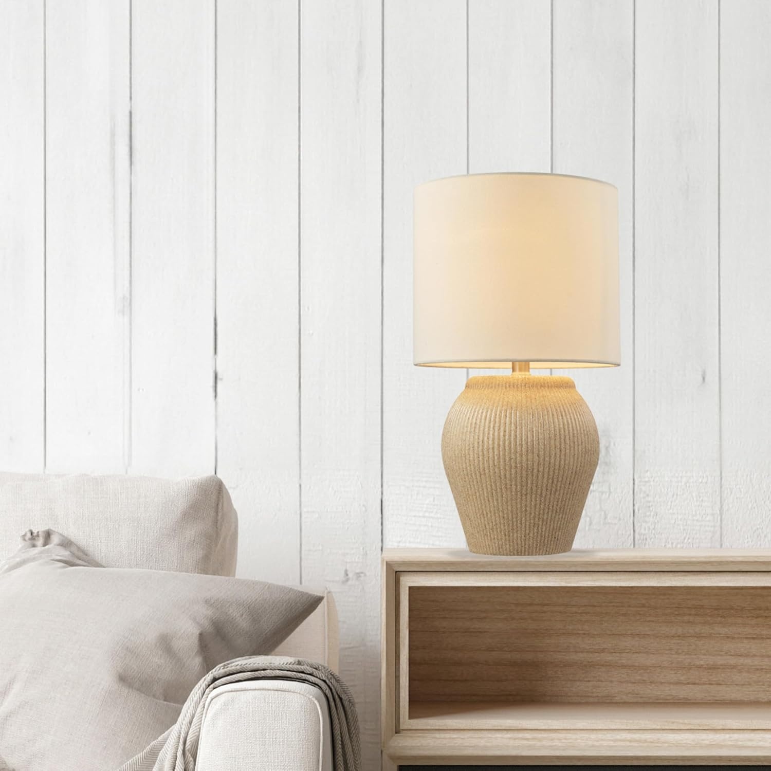 image:imageGlobe Electric 61000049 18 Ceramic Table Lamp Soft Beige Finish Textured Base White Linen Shade OnOff Rotary Switch on Socket Modern Light for Living Room Bedroom or Kitchen