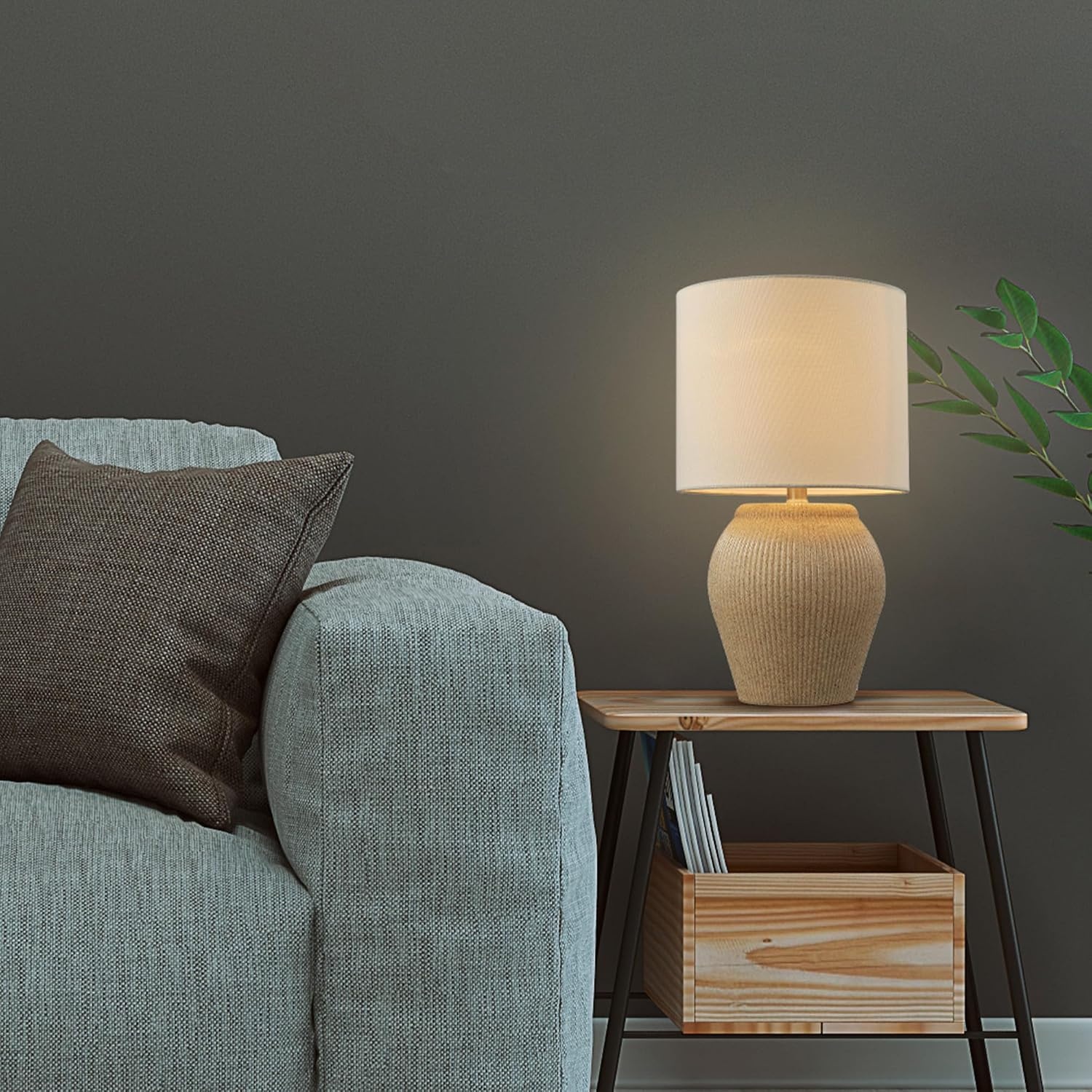 image:imageGlobe Electric 61000049 18 Ceramic Table Lamp Soft Beige Finish Textured Base White Linen Shade OnOff Rotary Switch on Socket Modern Light for Living Room Bedroom or Kitchen
