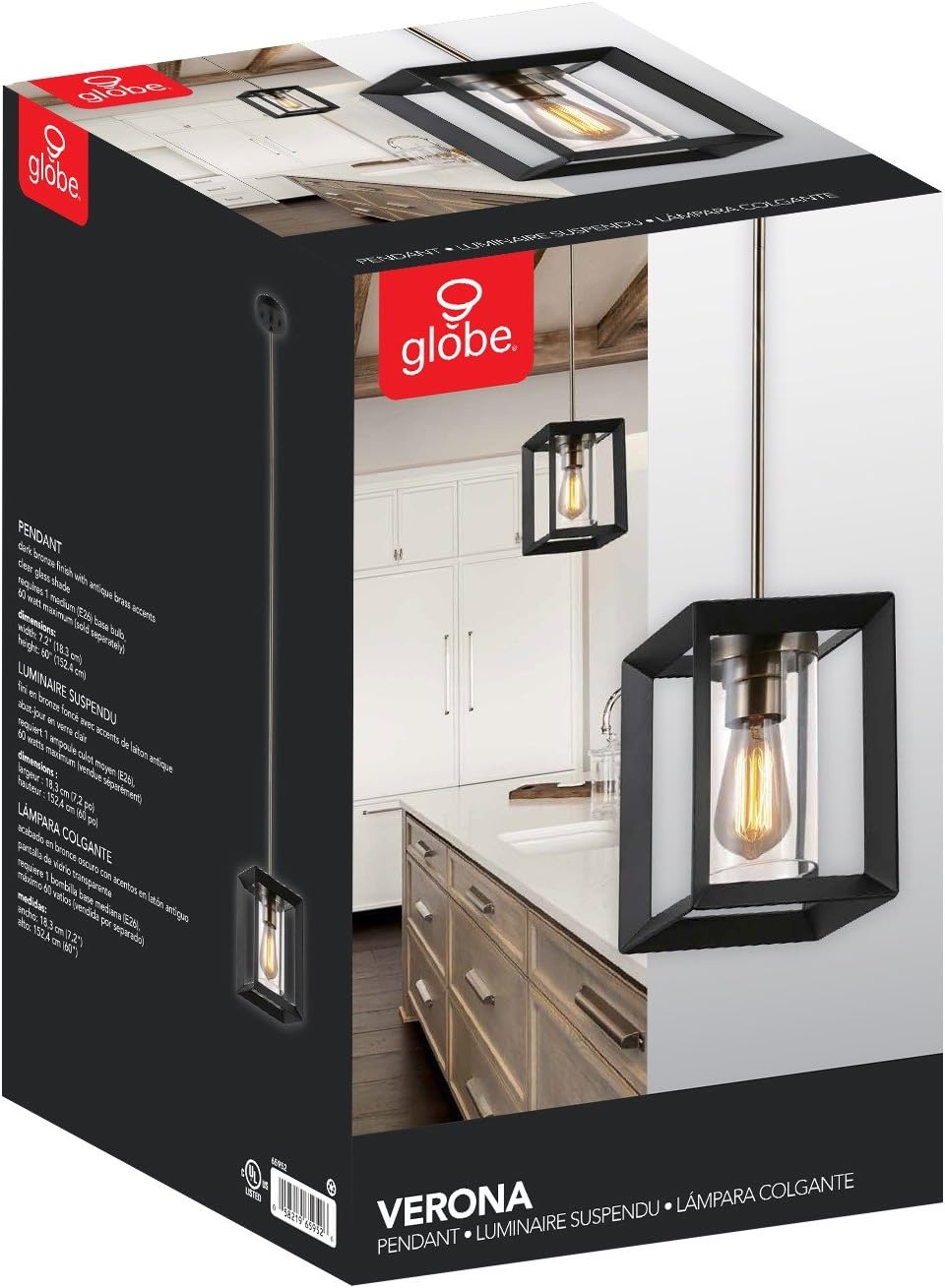 image:imageGlobe Electric 65952 Verona 1Light Pendant Dark Bronze Antique Brass Accents Clear Glass Shade