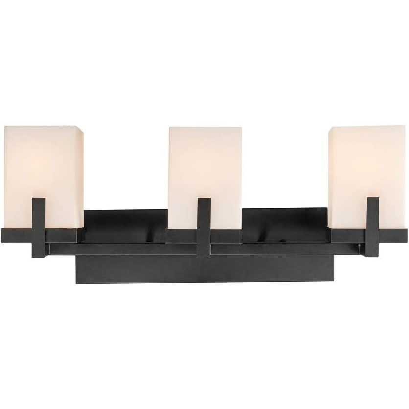 image:imageGLOBE Electric 51246 Helena 3Light Vanity Light Dark Bronze Square OffWhite Frosted Glass Shades