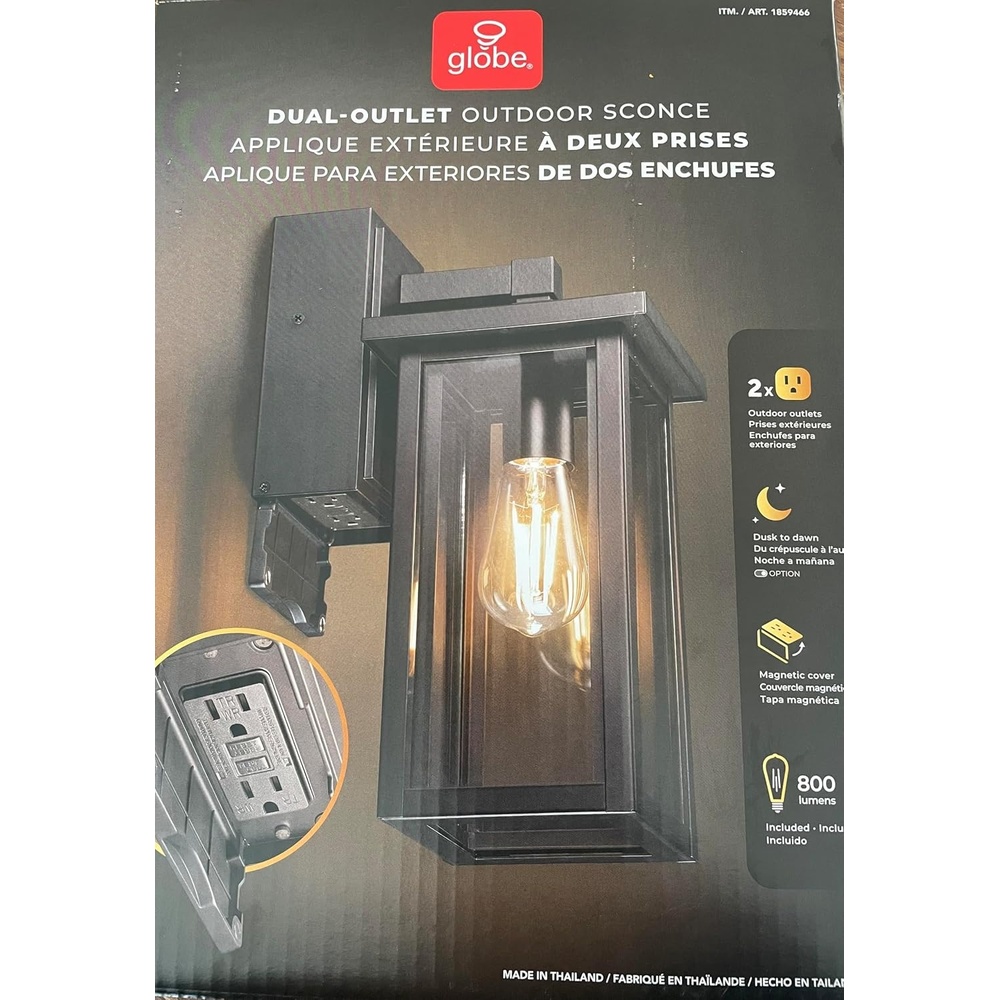 image:imageGlobe Electric DualOutlet Outdoor Wall Sconce Black Dusk to Dawn Photocell Dual GFCI Outlets Magnetic Cover 800 Lumens LED Bulb Included
