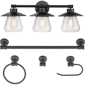 Globe Electric 51496 Nate 5-Piece All-in-One Bathroom Set, Oil Rubbed Bronze, 3 Vanity Light with Clear Glass Shades, Bar, Towel Ring, Robe Hook, Toilet Paper Holder