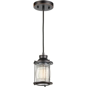 Globe Electric 60882 Bayfield 1 Plug-in or Hardwire Pendant Lighting, Dark Bronze, Ribbed Seeded Glass Shade, 15-Foot Grounded Black Fabric Cord, in-Line On/Off Switch
