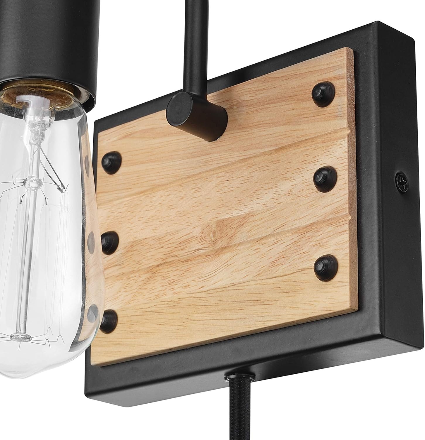 image:imageGLOBE Electric Oakland 1Light Plugin or Hardwire Wall Sconce Matte Black Faux Wood Accent Black Fabric Cord inLine OnOff SwitchFaux Wood