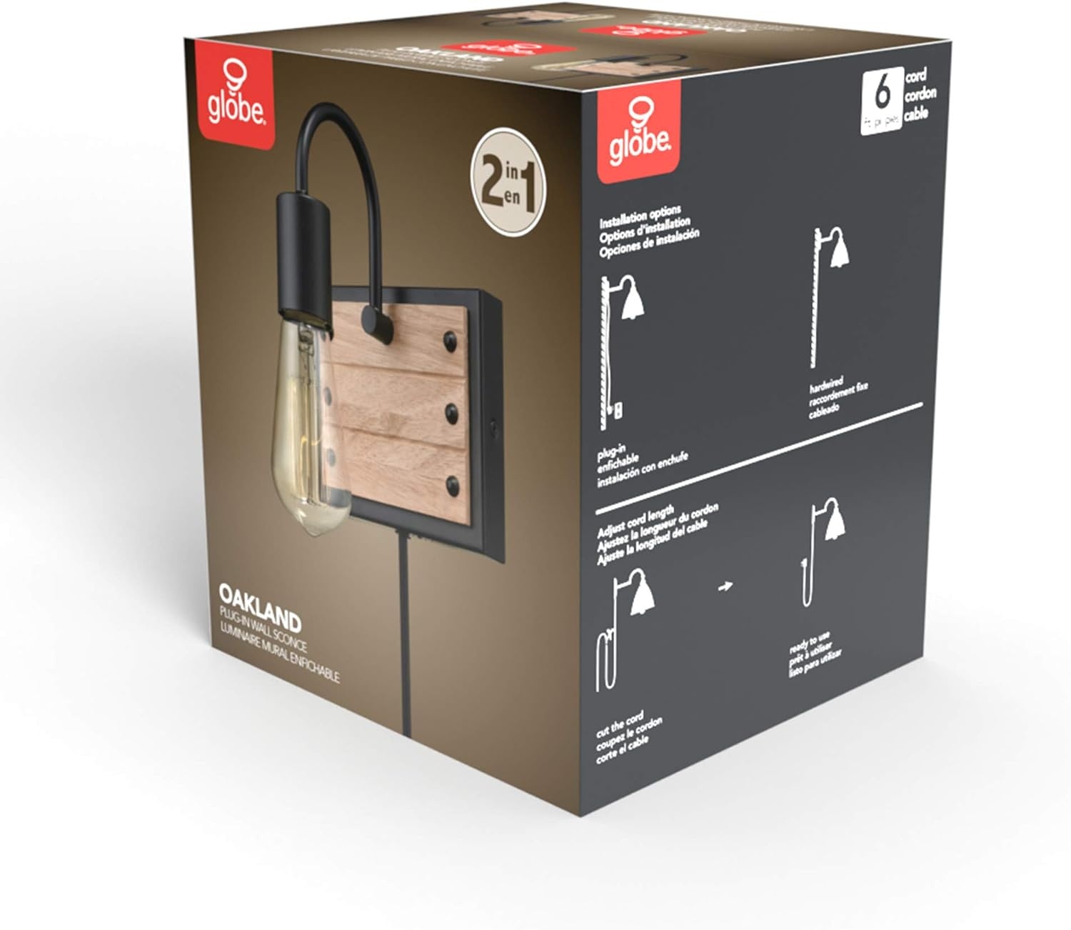 image:imageGLOBE Electric Oakland 1Light Plugin or Hardwire Wall Sconce Matte Black Faux Wood Accent Black Fabric Cord inLine OnOff SwitchFaux Wood