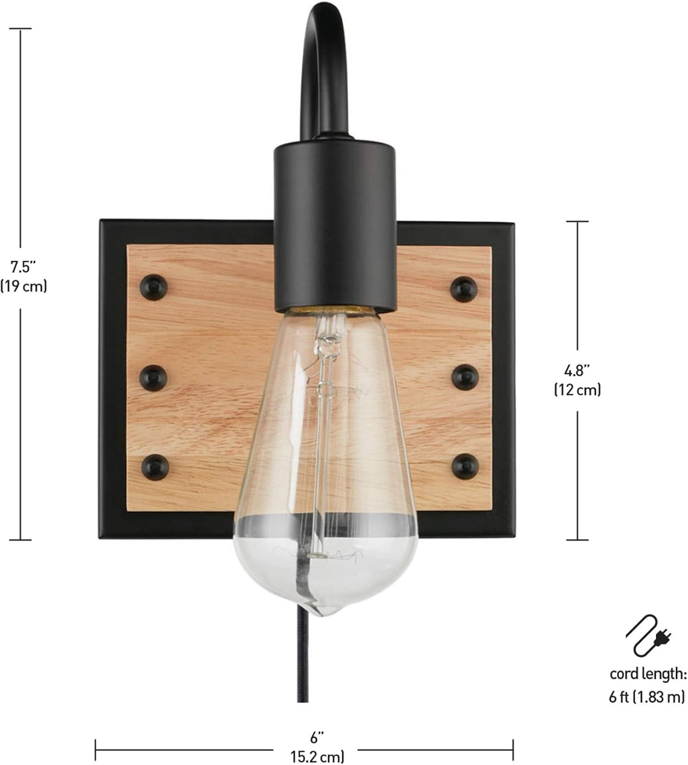 image:imageGLOBE Electric Oakland 1Light Plugin or Hardwire Wall Sconce Matte Black Faux Wood Accent Black Fabric Cord inLine OnOff SwitchFaux Wood