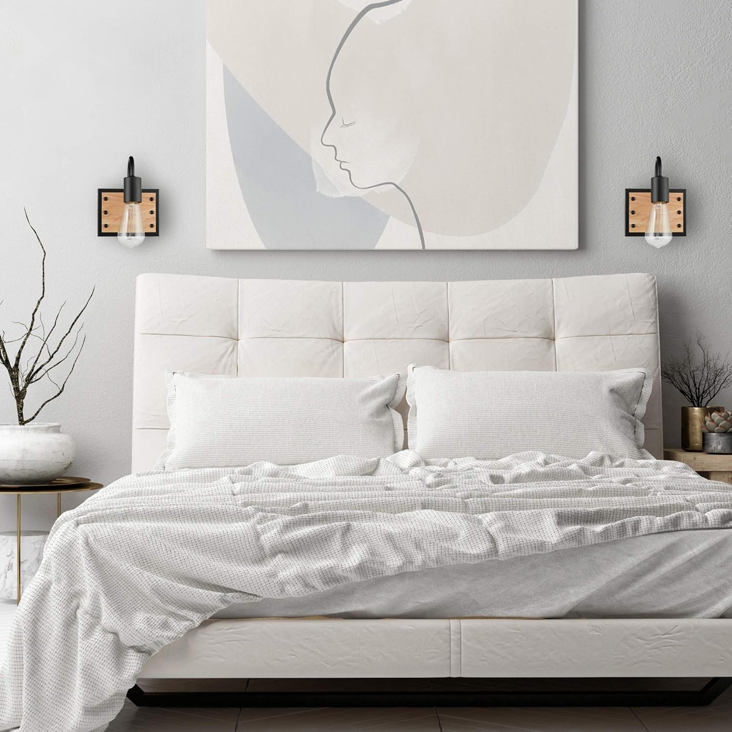 image:imageGLOBE Electric Oakland 1Light Plugin or Hardwire Wall Sconce Matte Black Faux Wood Accent Black Fabric Cord inLine OnOff SwitchFaux Wood