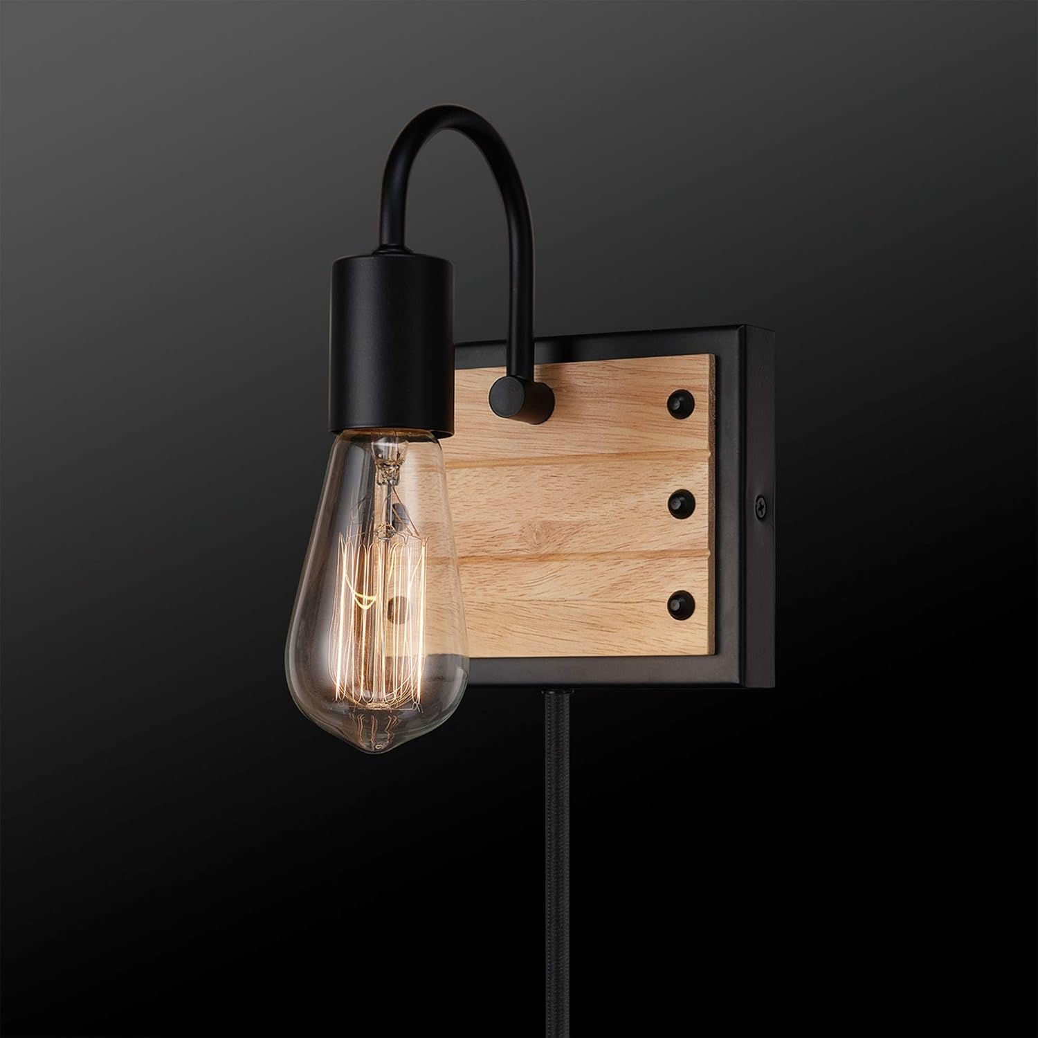 image:imageGLOBE Electric Oakland 1Light Plugin or Hardwire Wall Sconce Matte Black Faux Wood Accent Black Fabric Cord inLine OnOff SwitchFaux Wood