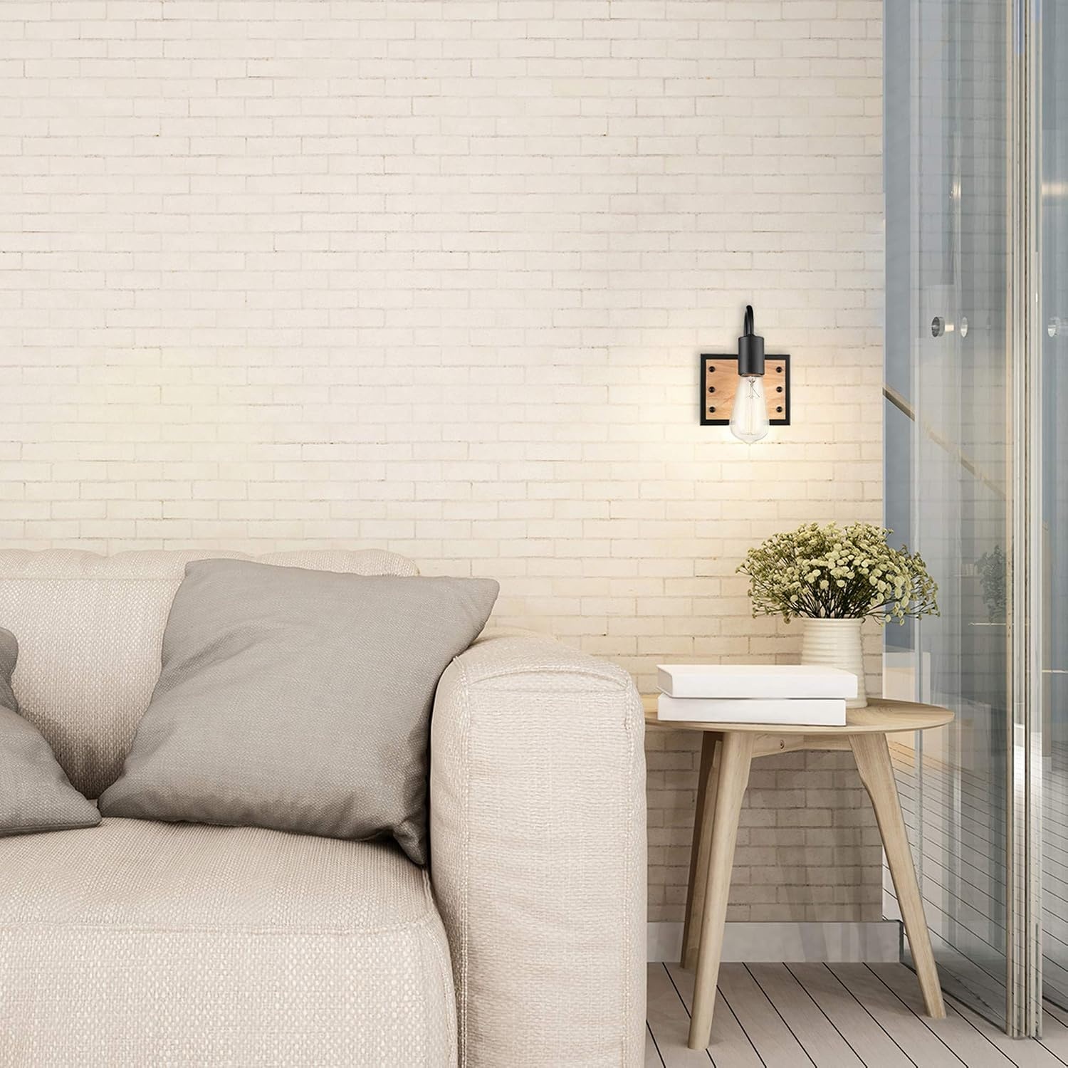 image:imageGLOBE Electric Oakland 1Light Plugin or Hardwire Wall Sconce Matte Black Faux Wood Accent Black Fabric Cord inLine OnOff SwitchFaux Wood