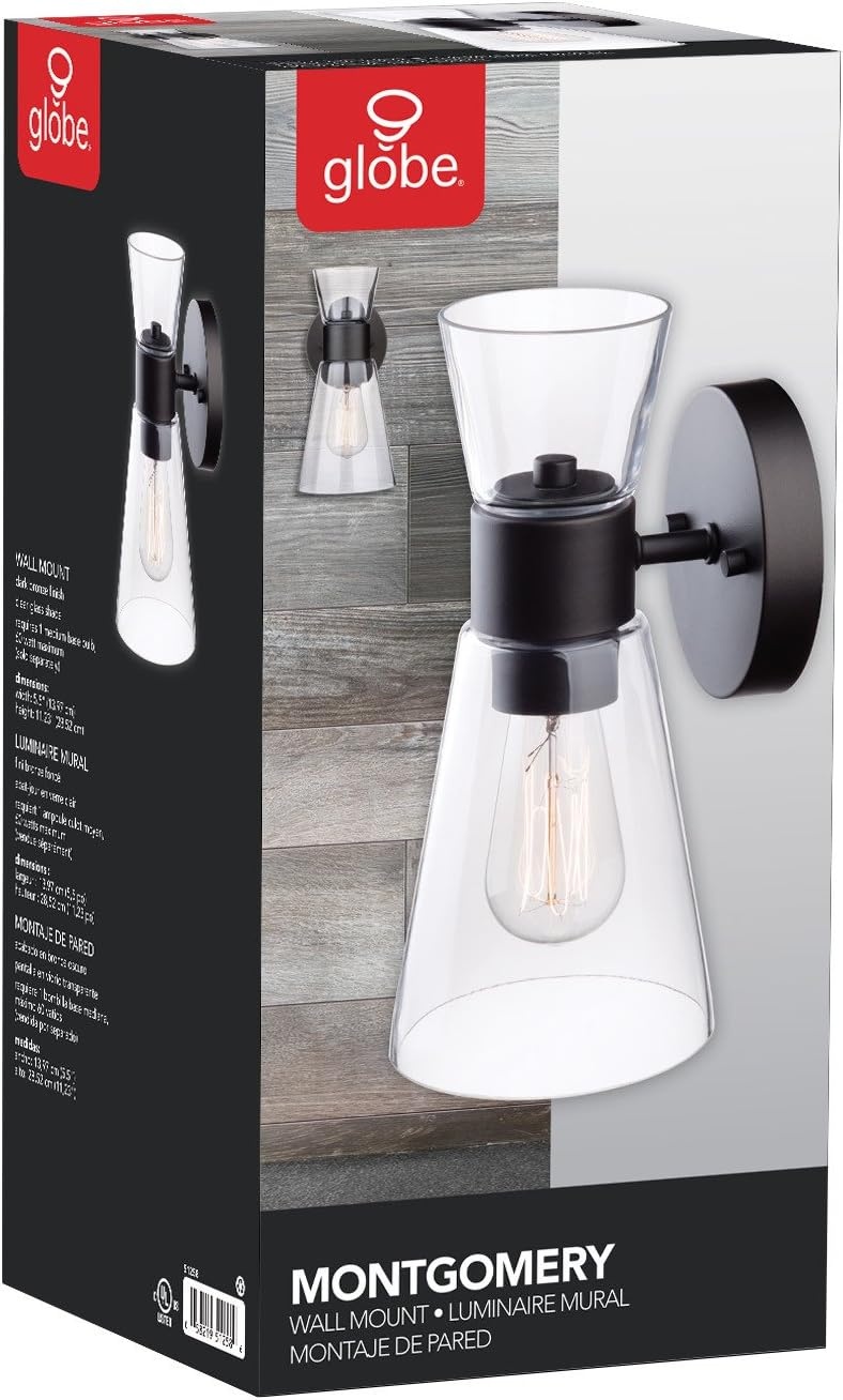image:imageGlobe Electric 51258 Montgomery 1Light Wall Sconce Dark Bronze Clear Glass Shade Bulb Not Included