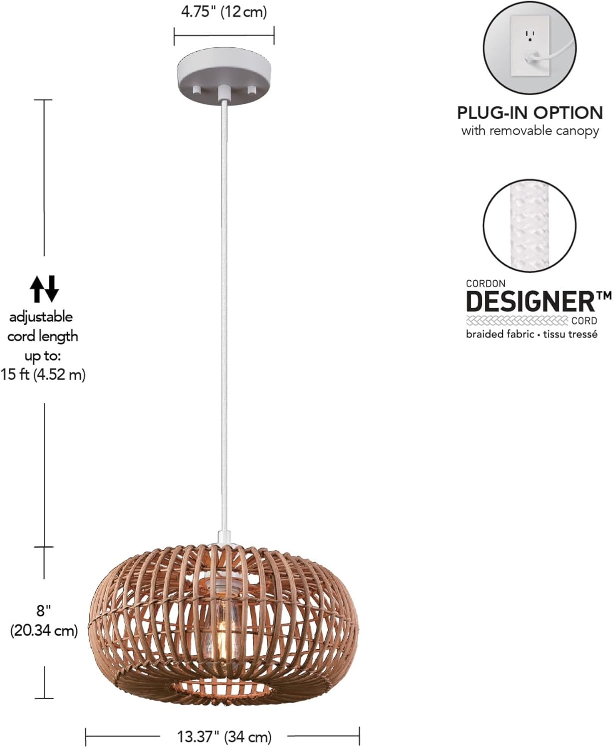 image:imageGlobe Electric 65939 Fitz 1Light Plugin or Hardwire Pendant Lighting Rattan Shade White Socket