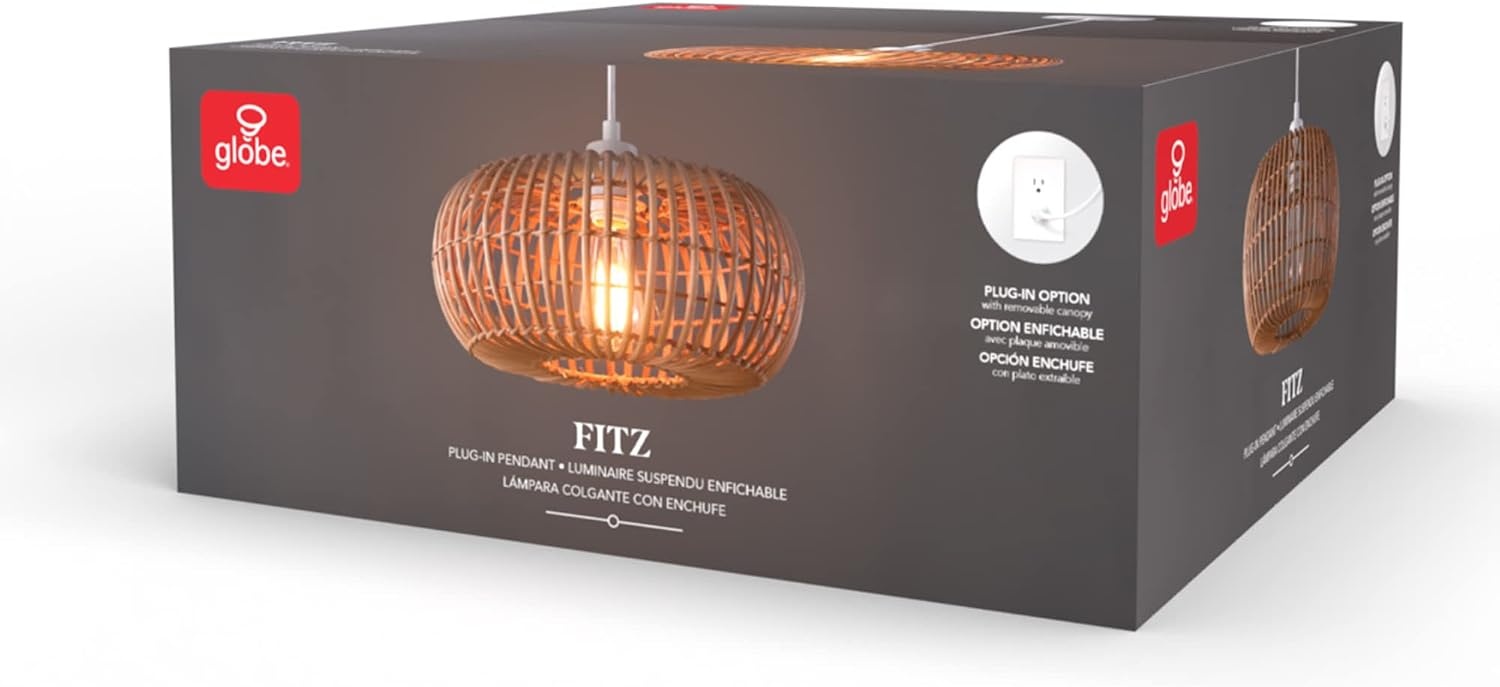 image:imageGlobe Electric 65939 Fitz 1Light Plugin or Hardwire Pendant Lighting Rattan Shade White Socket