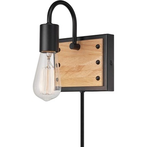 GLOBE Electric Oakland 1-Light Plug-in or Hardwire Wall Sconce, Matte Black, Faux Wood Accent, Black Fabric Cord, in-Line On/Off Switch(Faux Wood)