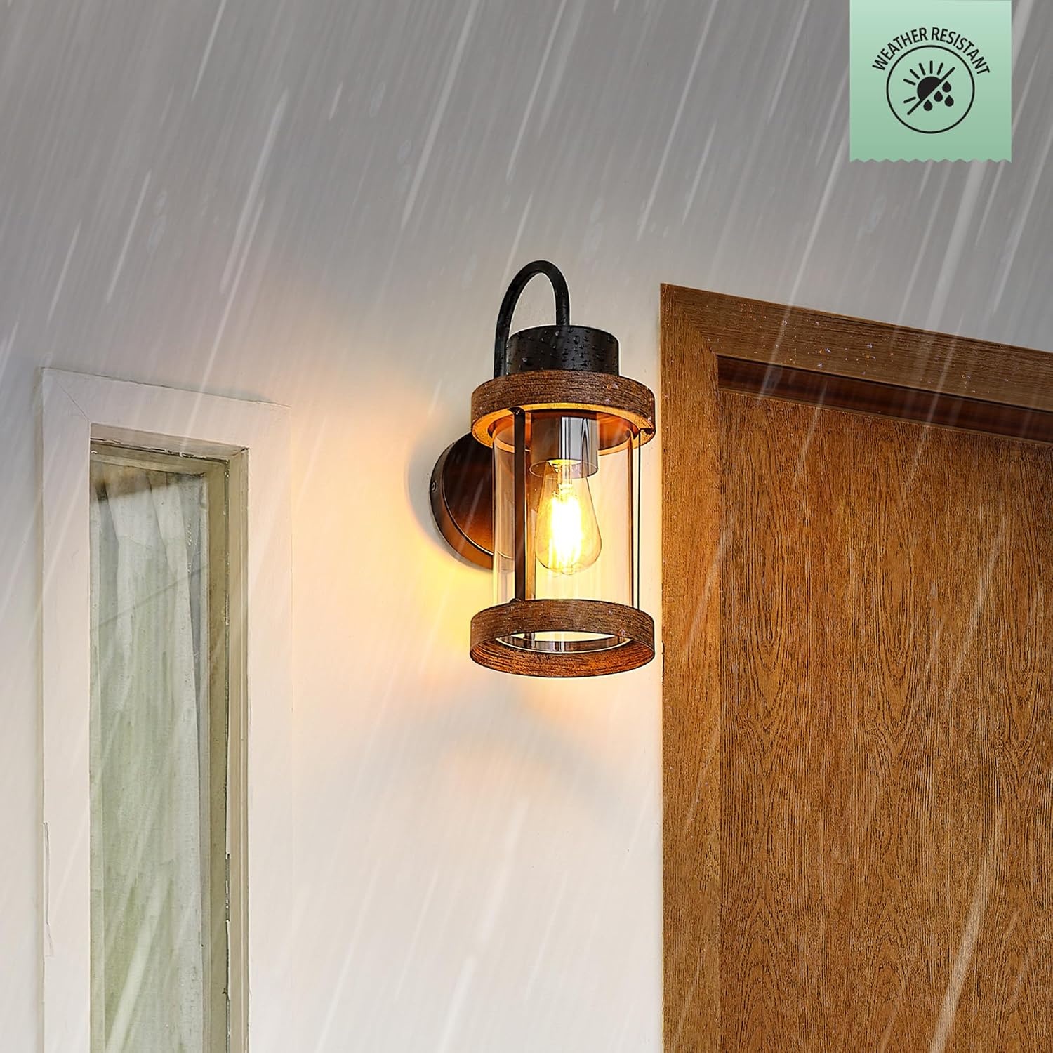 image:imageGlobe Electric 60000026 1Light Outdoor Wall Sconce Matte Black Faux Wood Accent Clear Glass Shade Porch Light Wall Lights for Living Room Patio Dcor Apartment Essentials Outside House Lights