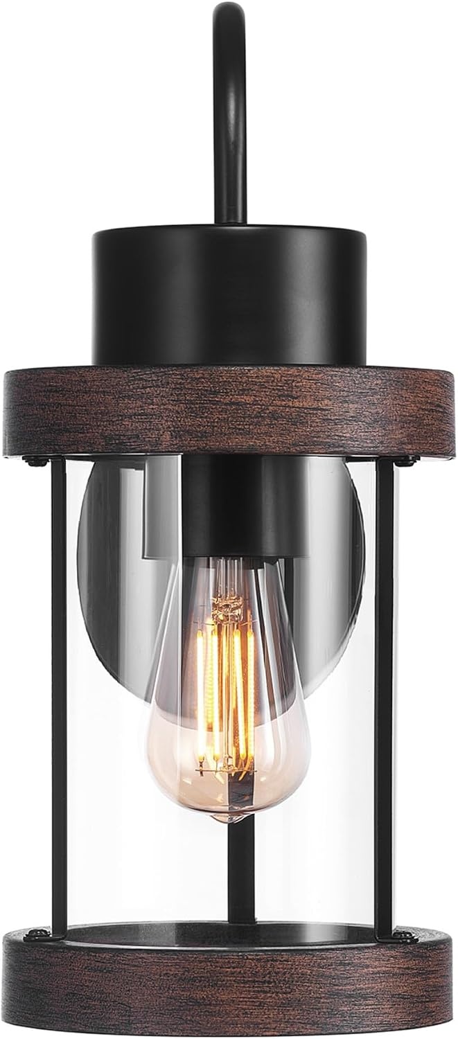 image:imageGlobe Electric 60000026 1Light Outdoor Wall Sconce Matte Black Faux Wood Accent Clear Glass Shade Porch Light Wall Lights for Living Room Patio Dcor Apartment Essentials Outside House Lights