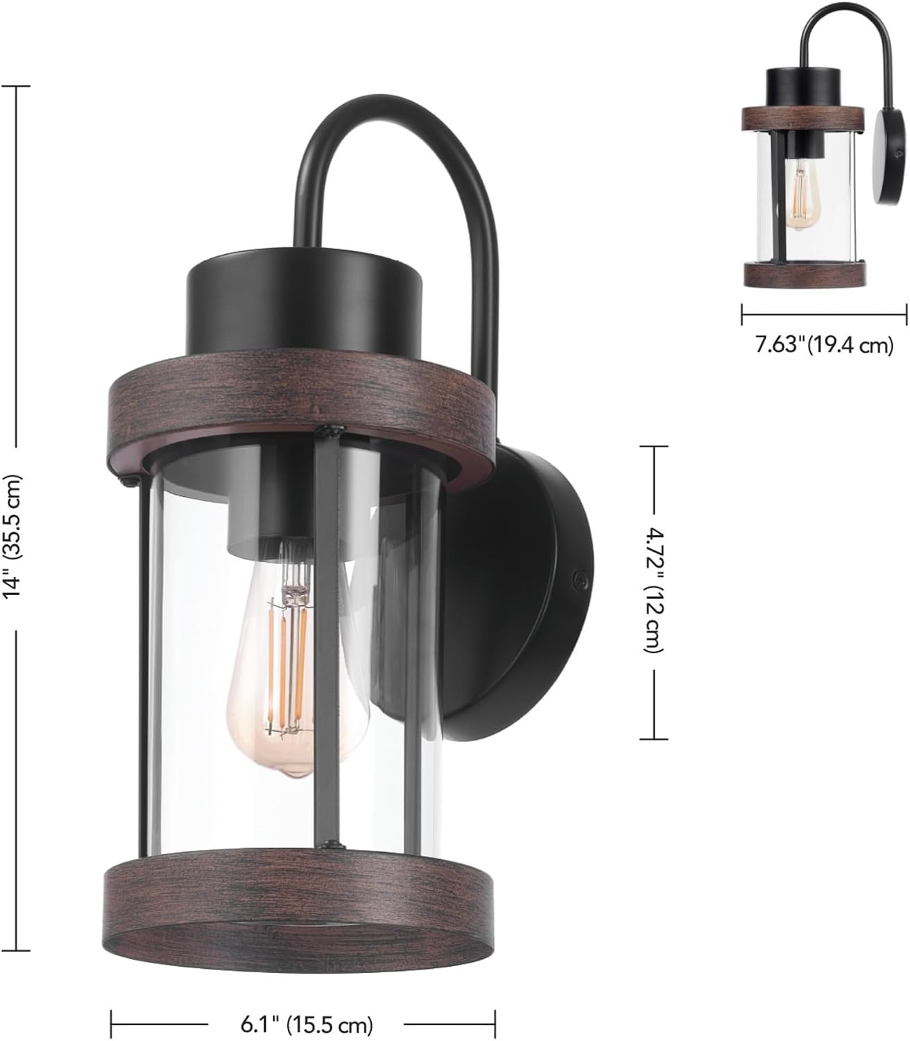 image:imageGlobe Electric 60000026 1Light Outdoor Wall Sconce Matte Black Faux Wood Accent Clear Glass Shade Porch Light Wall Lights for Living Room Patio Dcor Apartment Essentials Outside House Lights