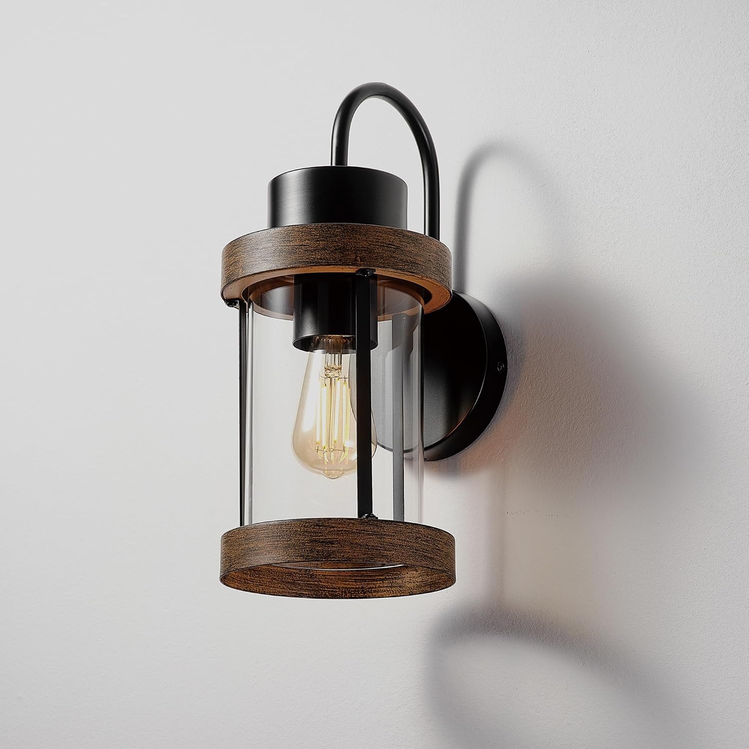 image:imageGlobe Electric 60000026 1Light Outdoor Wall Sconce Matte Black Faux Wood Accent Clear Glass Shade Porch Light Wall Lights for Living Room Patio Dcor Apartment Essentials Outside House Lights