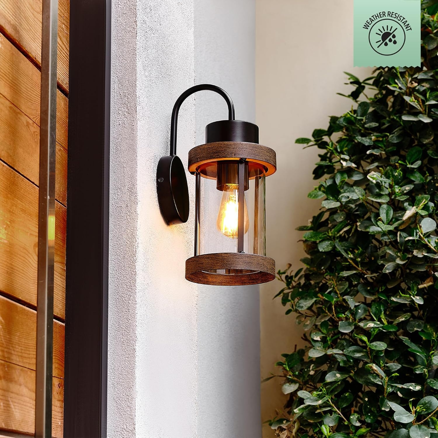 image:imageGlobe Electric 60000026 1Light Outdoor Wall Sconce Matte Black Faux Wood Accent Clear Glass Shade Porch Light Wall Lights for Living Room Patio Dcor Apartment Essentials Outside House Lights