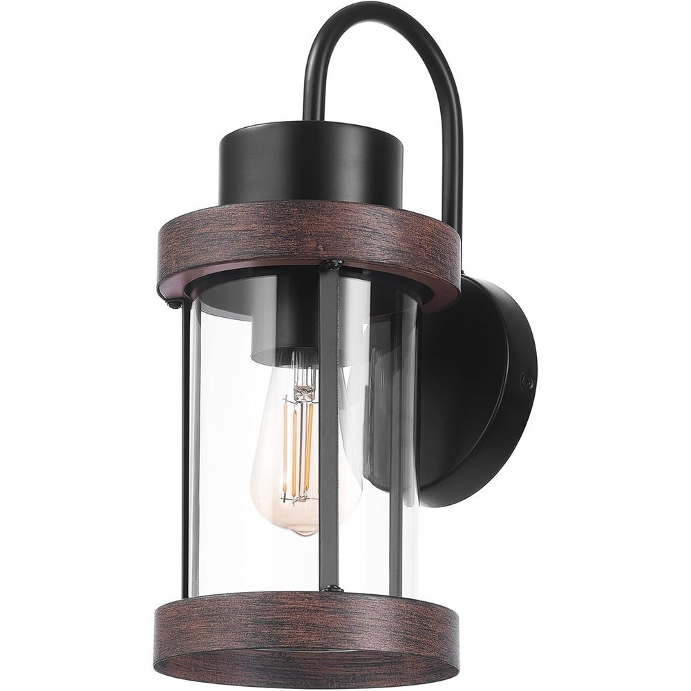 image:imageGlobe Electric 60000026 1Light Outdoor Wall Sconce Matte Black Faux Wood Accent Clear Glass Shade Porch Light Wall Lights for Living Room Patio Dcor Apartment Essentials Outside House Lights