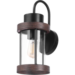 Globe Electric 60000026 1-Light Outdoor Wall Sconce, Matte Black, Faux Wood Accent, Clear Glass Shade, Porch Light, Wall Lights for Living Room, Patio Décor, Apartment Essentials, Outside House Lights