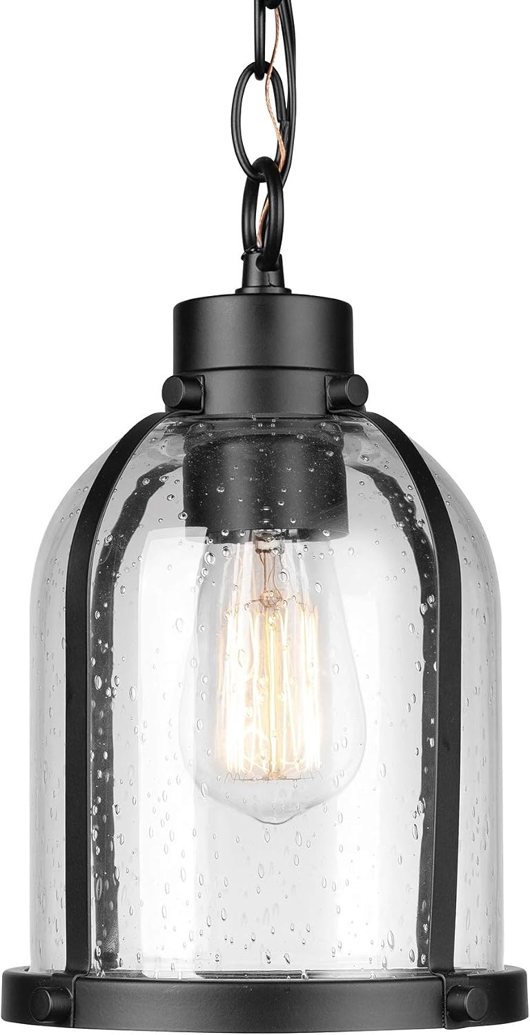 image:imageGlobe Electric 60401 Warren 1Light Pendant Matte White Dark Bronze Accents 220 LumenMatte Black Seeded Glass