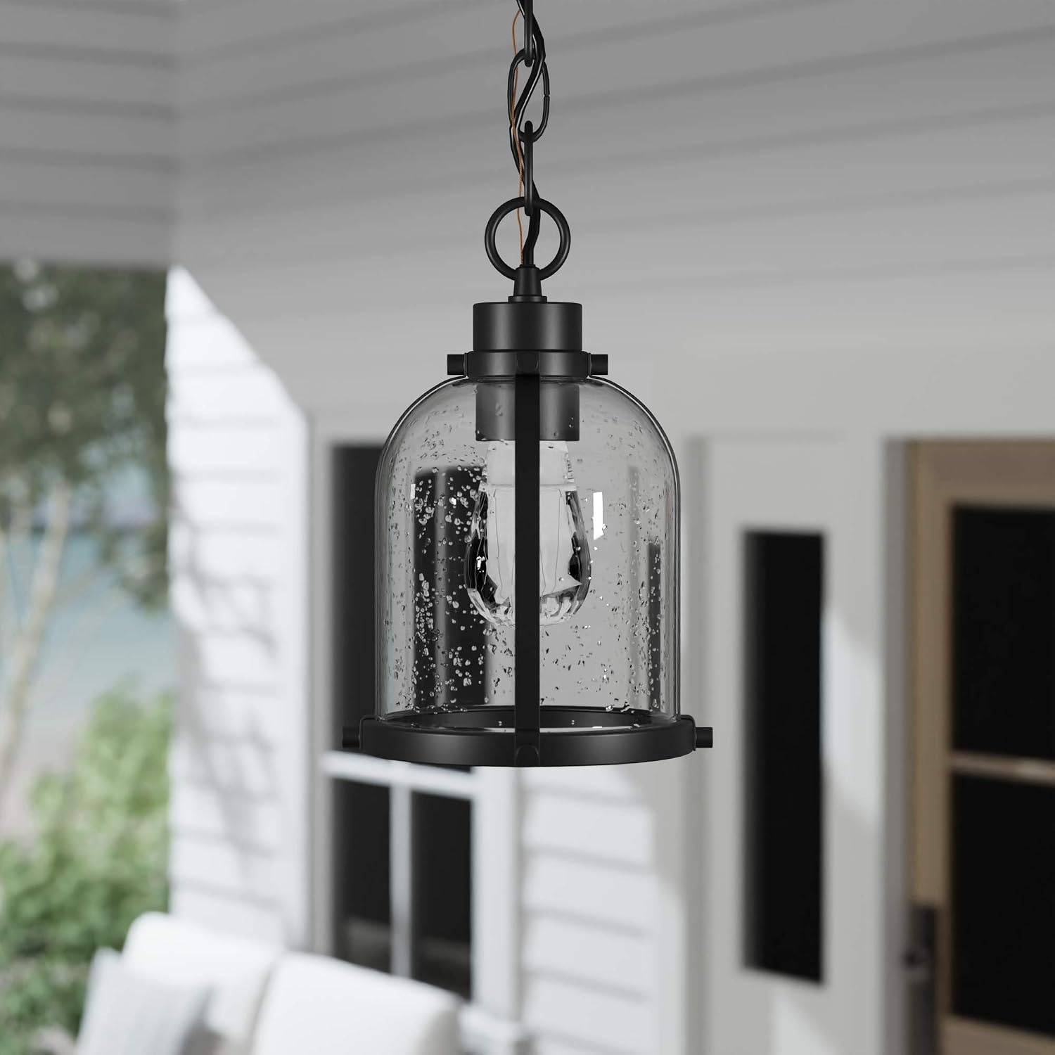 image:imageGlobe Electric 60401 Warren 1Light Pendant Matte White Dark Bronze Accents 220 LumenMatte Black Seeded Glass