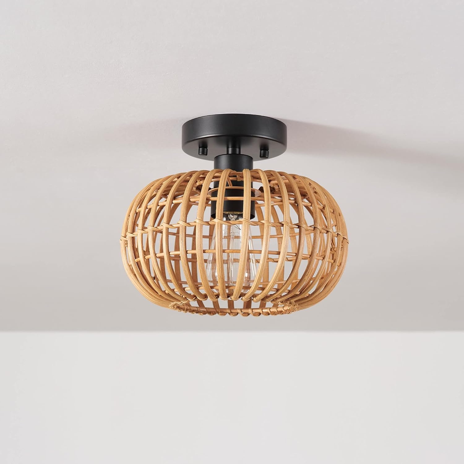 image:imageGlobe Electric 65893 1Light Flush Mount Ceiling Light Black Rattan ShadeFitz