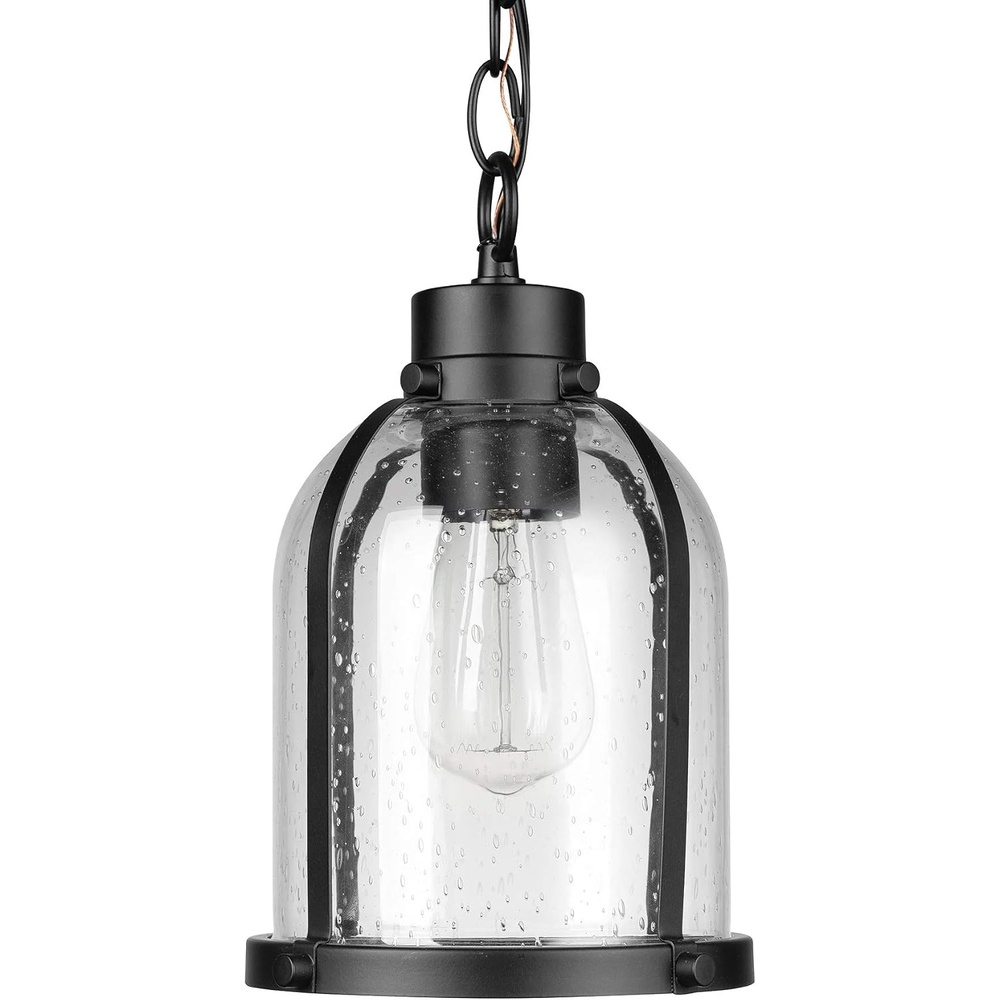 image:imageGlobe Electric 60401 Warren 1Light Pendant Matte White Dark Bronze Accents 220 LumenMatte Black Seeded Glass