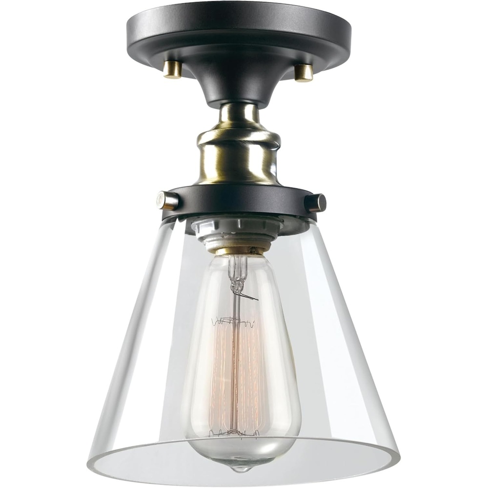 image:imageGlobe Electric 65726 1Light Flush Mount Ceiling Light Clear Glass Shade Chrome Finish Bedroom Lighting Fixtures Ceiling Dining Room Fixture Timeless Lighting for Hallway or Dining RoomDark Bronze with Clear Glass