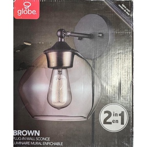 Brown 1-Light Plug-In or Hardwire Wall Sconce, Matte Black, Gold Accent, Clear Glass Shade, 6-Foot Black Fabric Cord