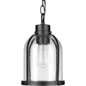 Globe Electric 60401 Warren 1-Light Pendant, Matte White, Dark Bronze Accents, 220 Lumen(Matte Black  Seeded Glass)