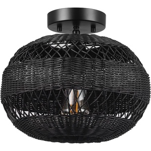 Globe Electric 65893 1-Light Flush Mount Ceiling Light, Black, Rattan Shade(Beth)