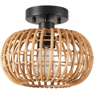 Globe Electric 65893 1-Light Flush Mount Ceiling Light, Black, Rattan Shade(Fitz)